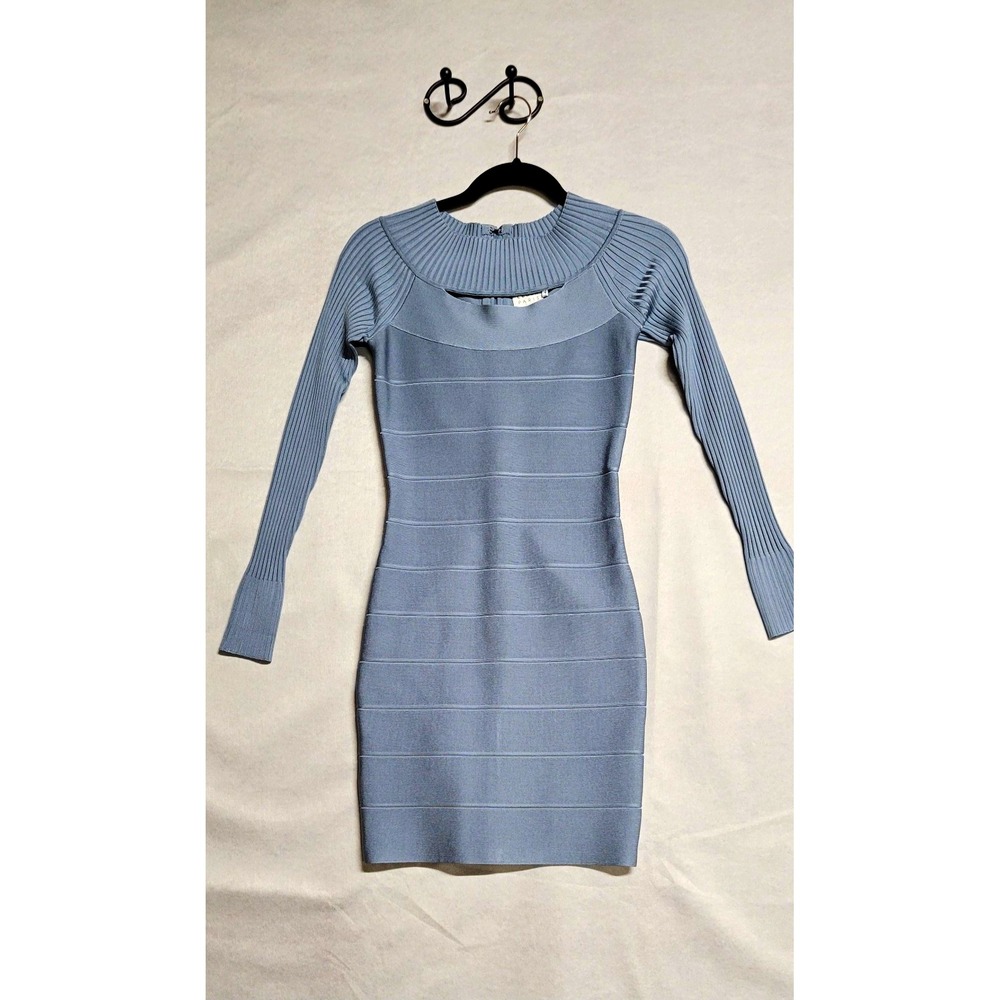Blue Short Herve Leger Knit Stretch Scoop Neck Long Sleeve Zip Dress Size XS